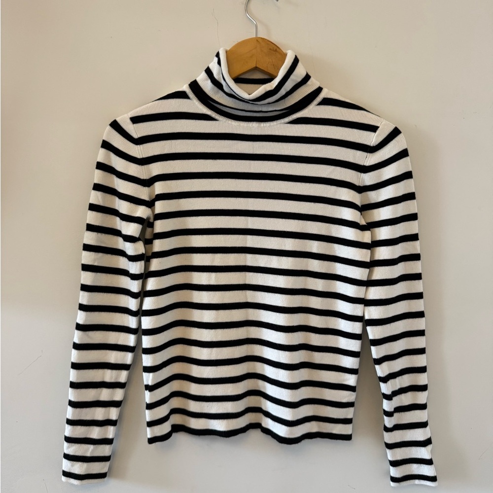 Tahari Black and White Striped Turtleneck